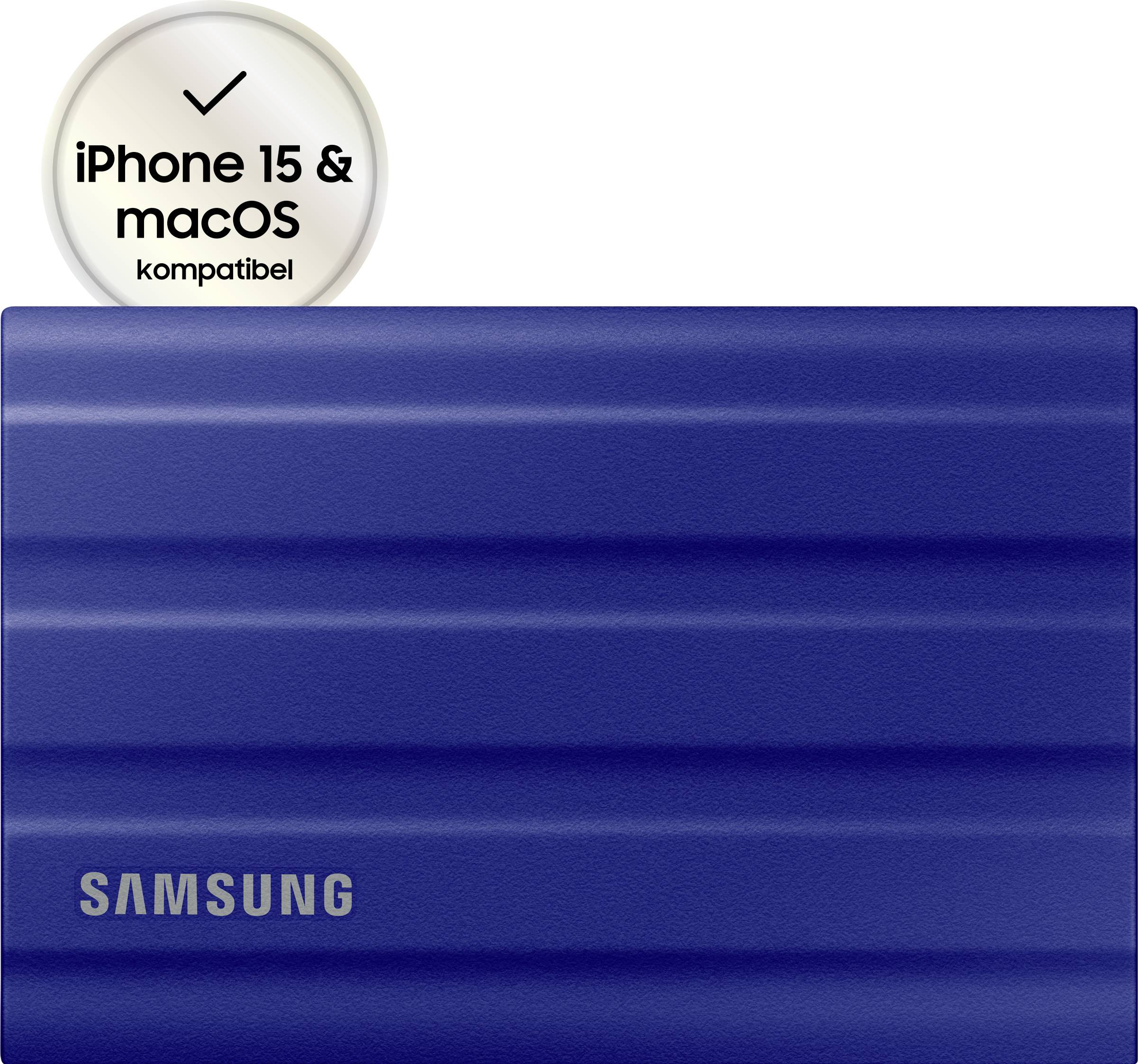 Externe blaue Samsung SSD, iPhone 15- und macOS-kompatibel.