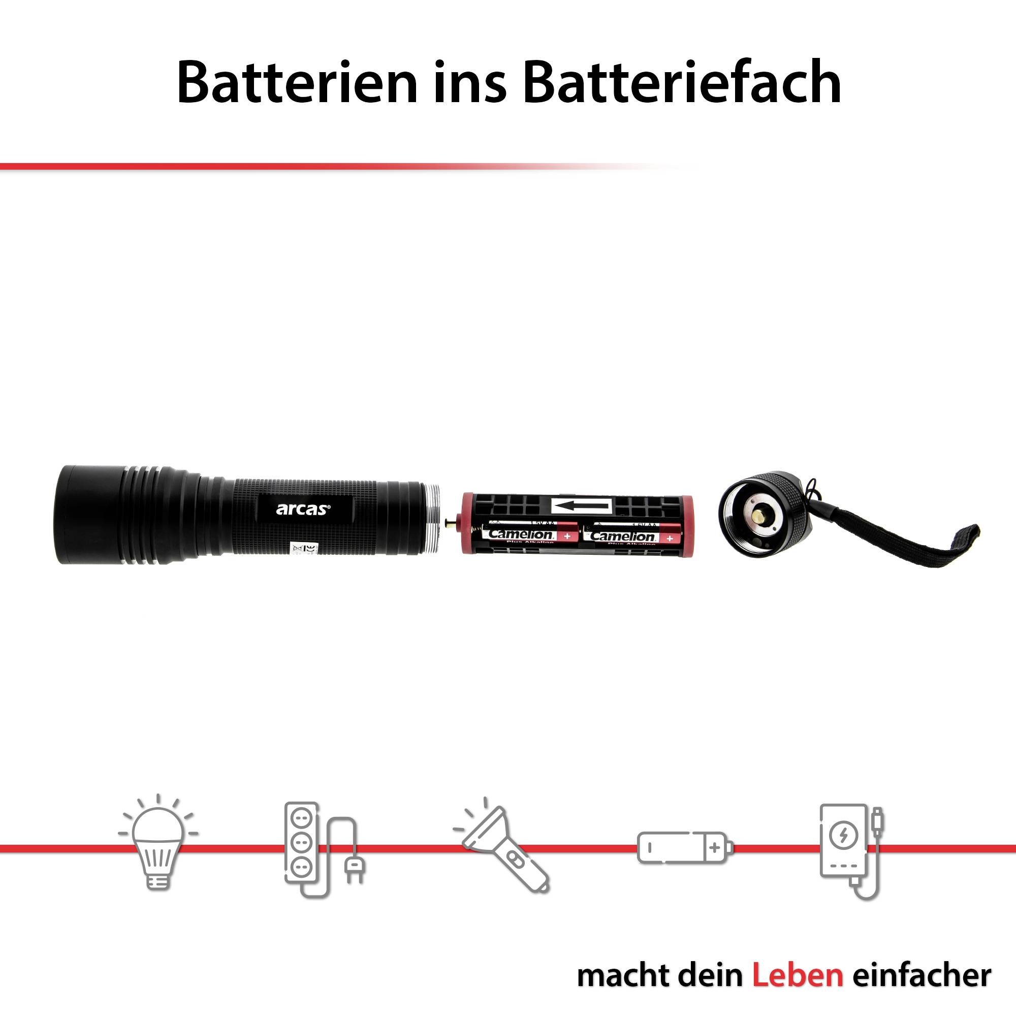 'Taschenlampe auseinandergebaut: Batterien in Batteriegehäuse einlegen. Text: macht dein Leben einfacher.'