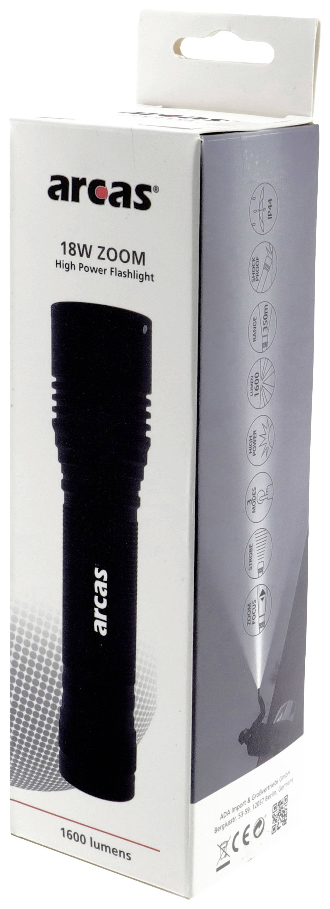 Schachtel einer Taschenlampe mit der Aufschrift 'arcas 18W ZOOM High Power Flashlight'. Zeigt das Produktbild und Leistungsmerkmale.