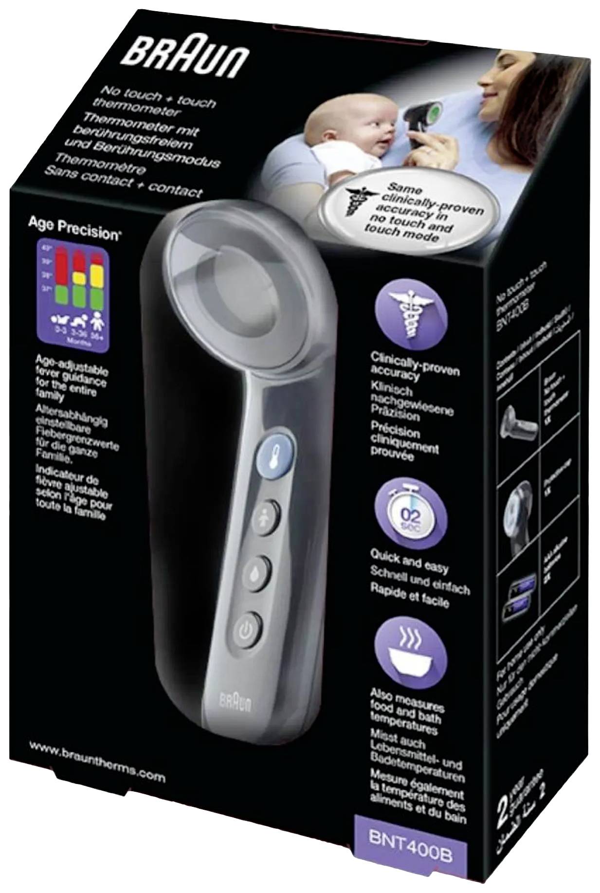 Verpackung eines berührungslosen Braun Thermometers, mit Bild einer Frau mit Kind und Highlights klinisch erprobter Genauigkeit.