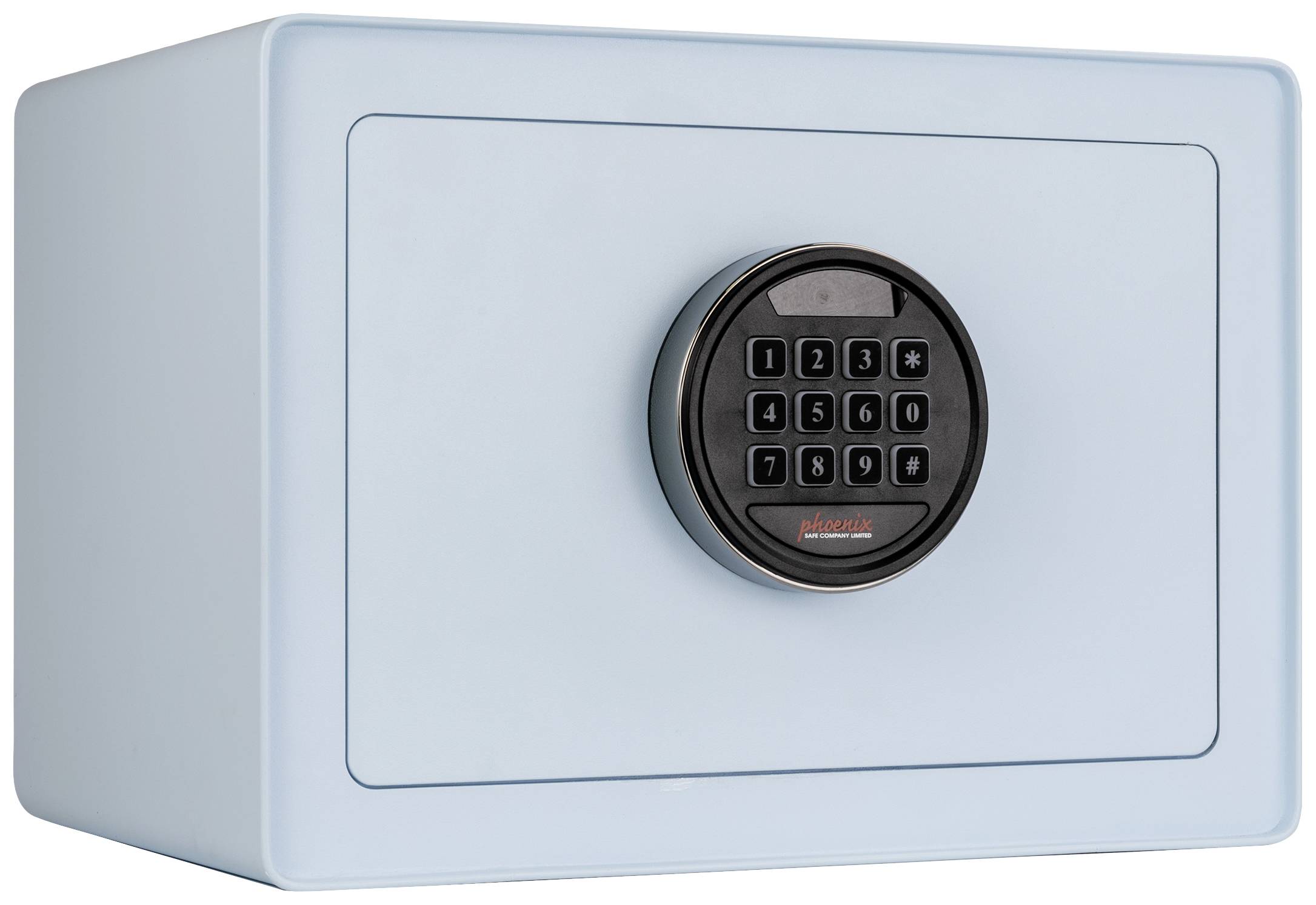 Hellblauer Tresor mit elektronischem Zahlenschloss.