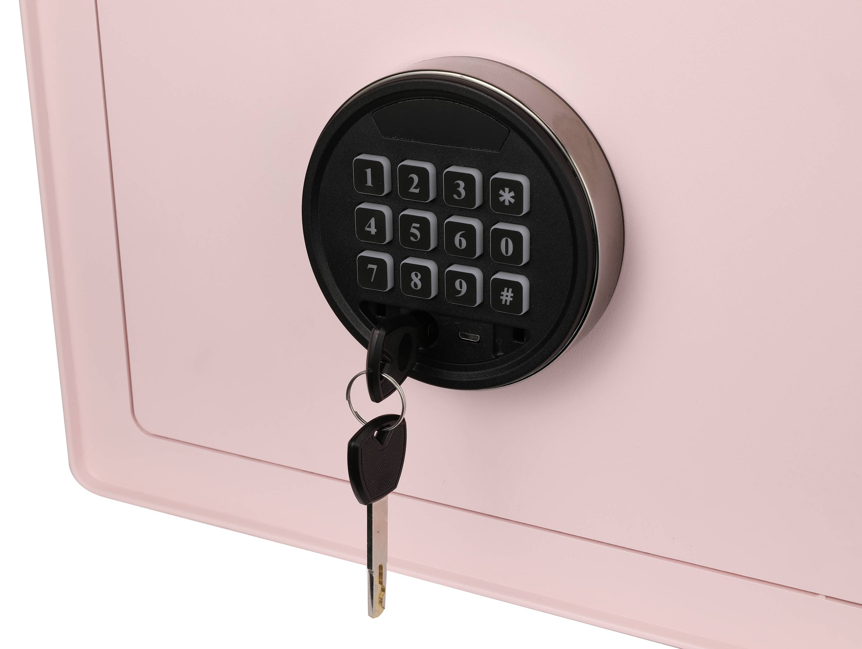 Ein rosa Tresor mit einer elektronischen Tastatur und einem darunter hängenden Schlüssel, der in das Schloss gesteckt ist.