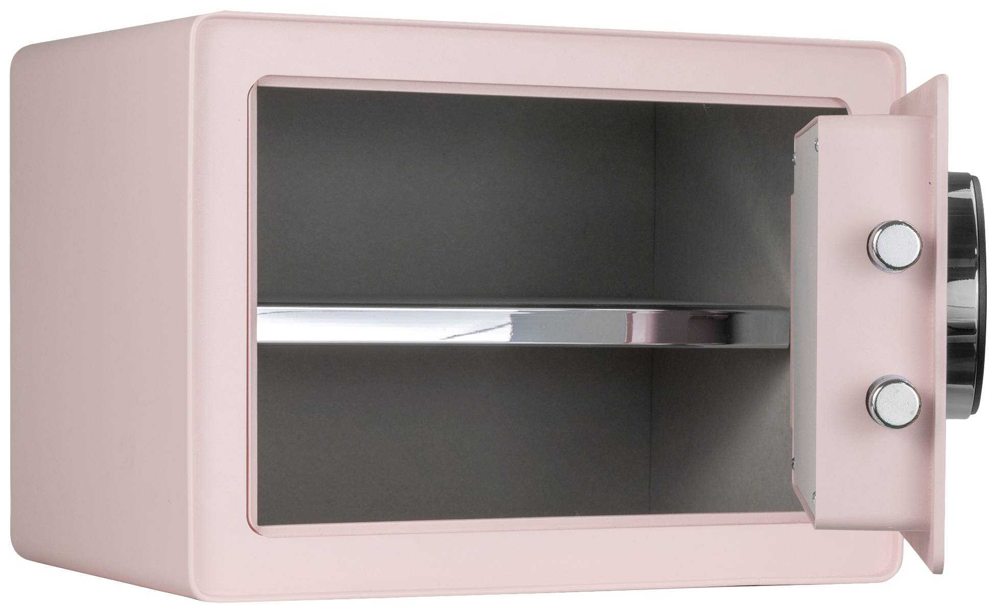 Offener rosa Safe mit leerem Innenraum und geöffneter Tür, die zwei Bolzen zeigt.