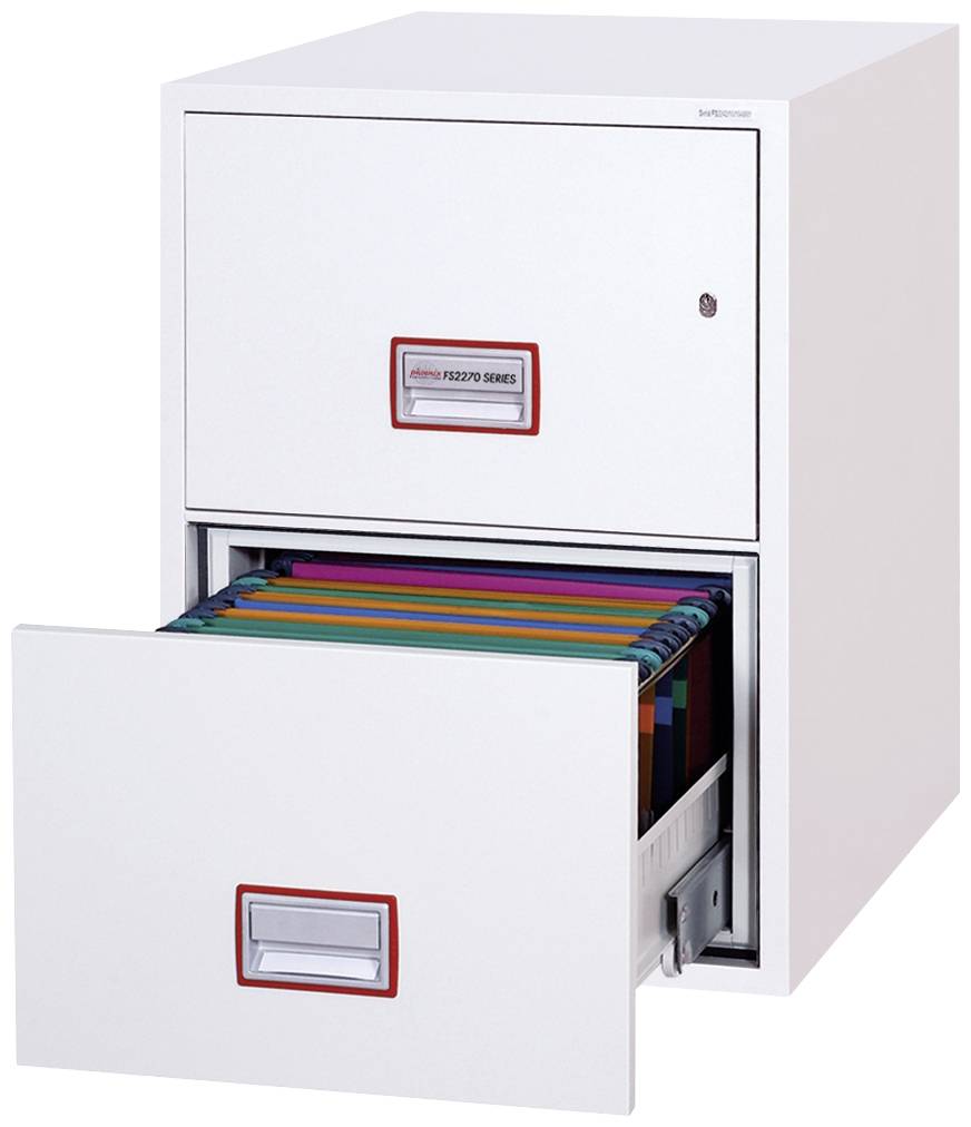 Ein weißer Aktenschrank mit zwei Schubladen; die untere ist geöffnet und zeigt bunte Hängemappen.