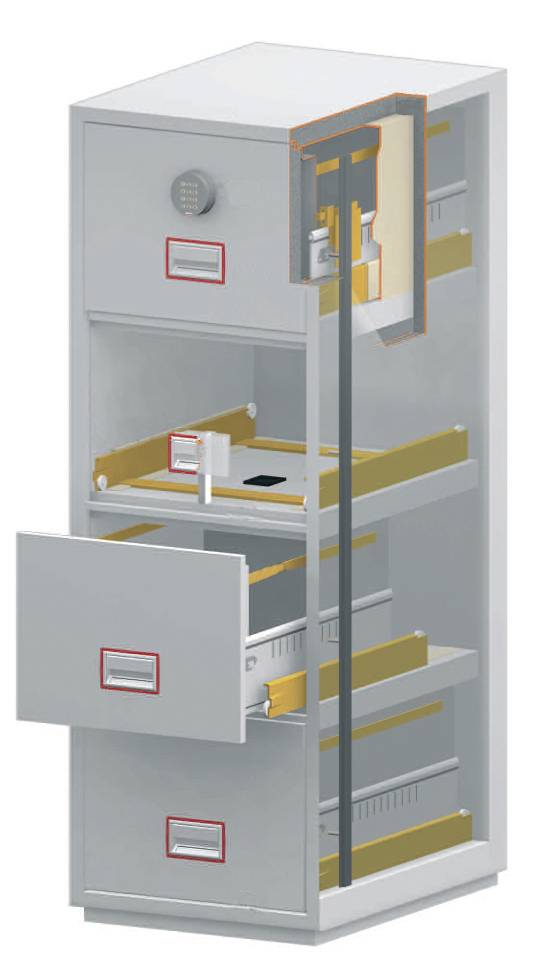 Mehrstöckiger Stahlschrank mit zwei offenen Schubladen und einem Tresorschloss oben, zeigt Sicherheitsmechanismus im Inneren.