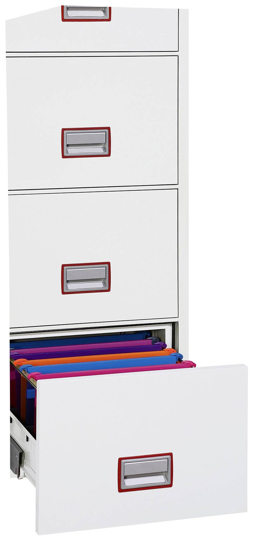Ein weißer Aktenschrank mit vier Schubladen, von denen eine geöffnet ist und bunte Ordner sichtbar sind.