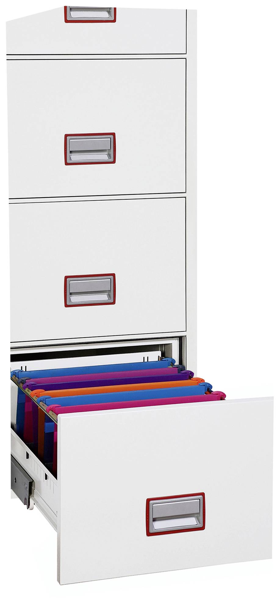 Ein geöffneter Aktenschrank mit mehreren Schubladen, von denen eine herausgezogen ist und farbige Hängeregister sichtbar sind.