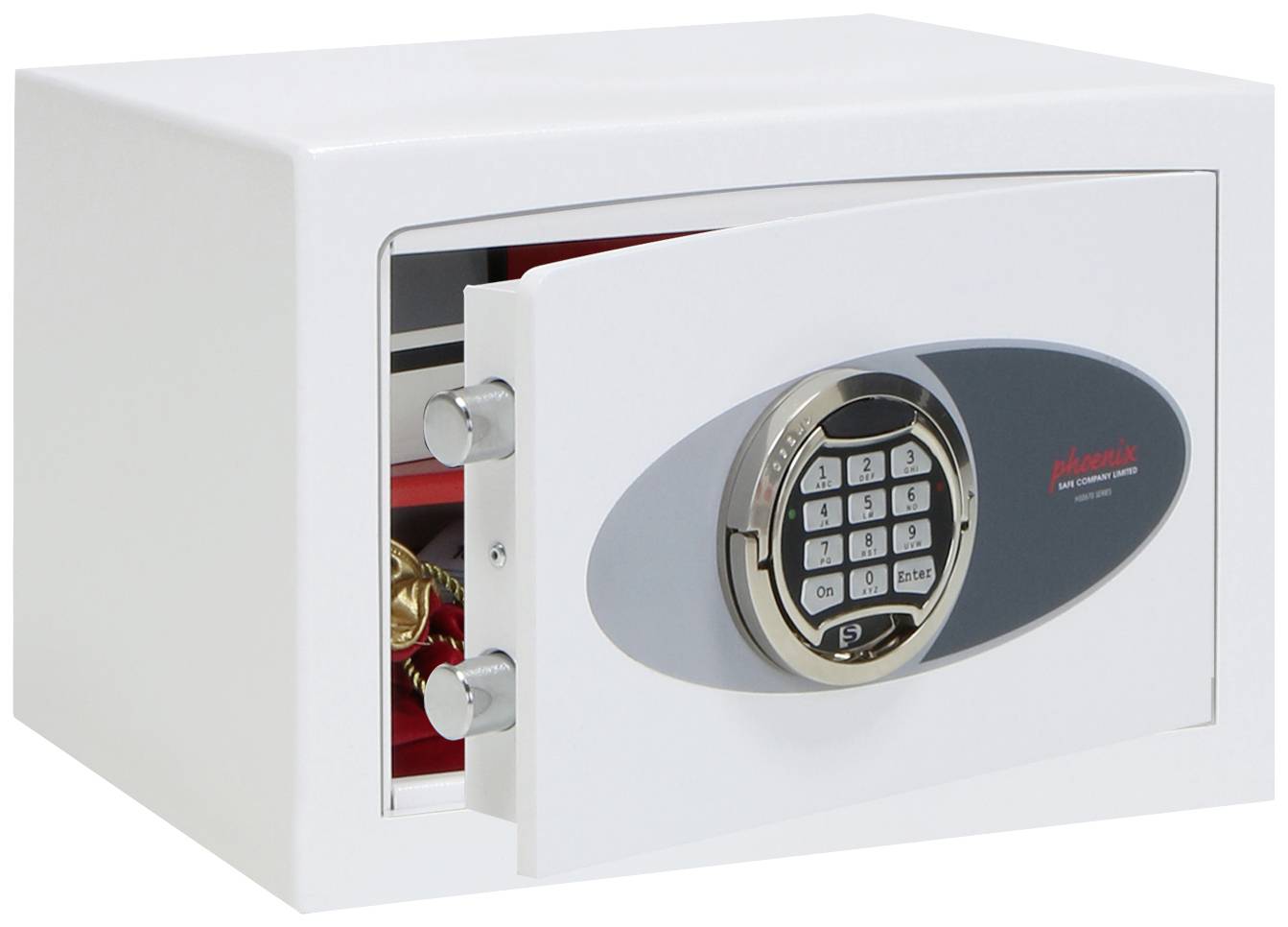 Ein geöffneter Tresor mit digitalem Zahlenschloss zeigt darin gelagerte Wertsachen. Der Tresor hat eine weiße Außenseite.