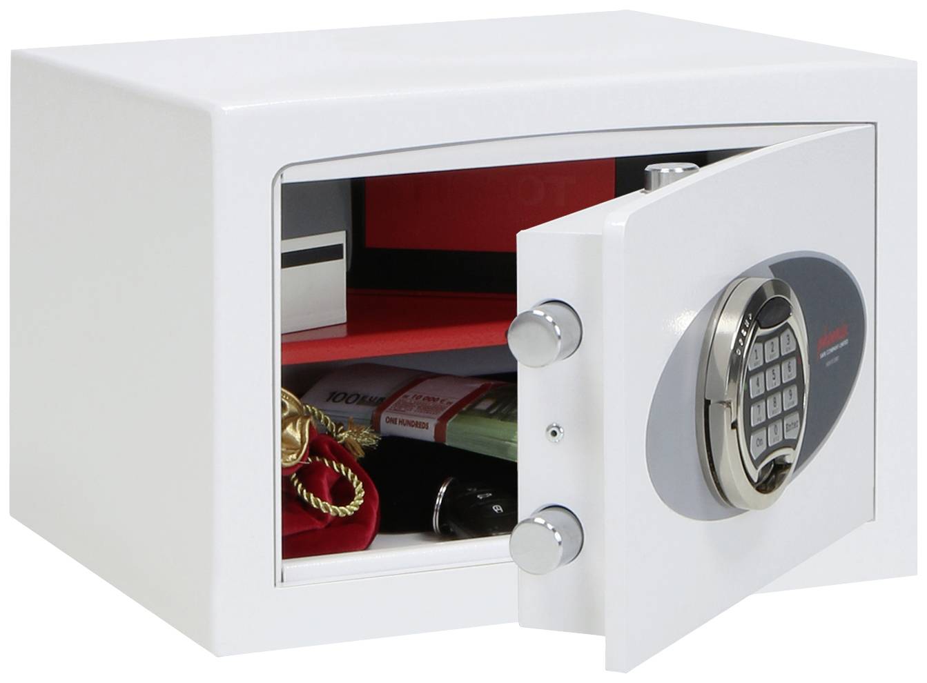 Ein weißer Safe mit geöffneter Tür zeigt im Inneren Wertgegenstände wie Schmuck und Dokumente. Die Tür hat ein elektronisches Zahlenschloss.