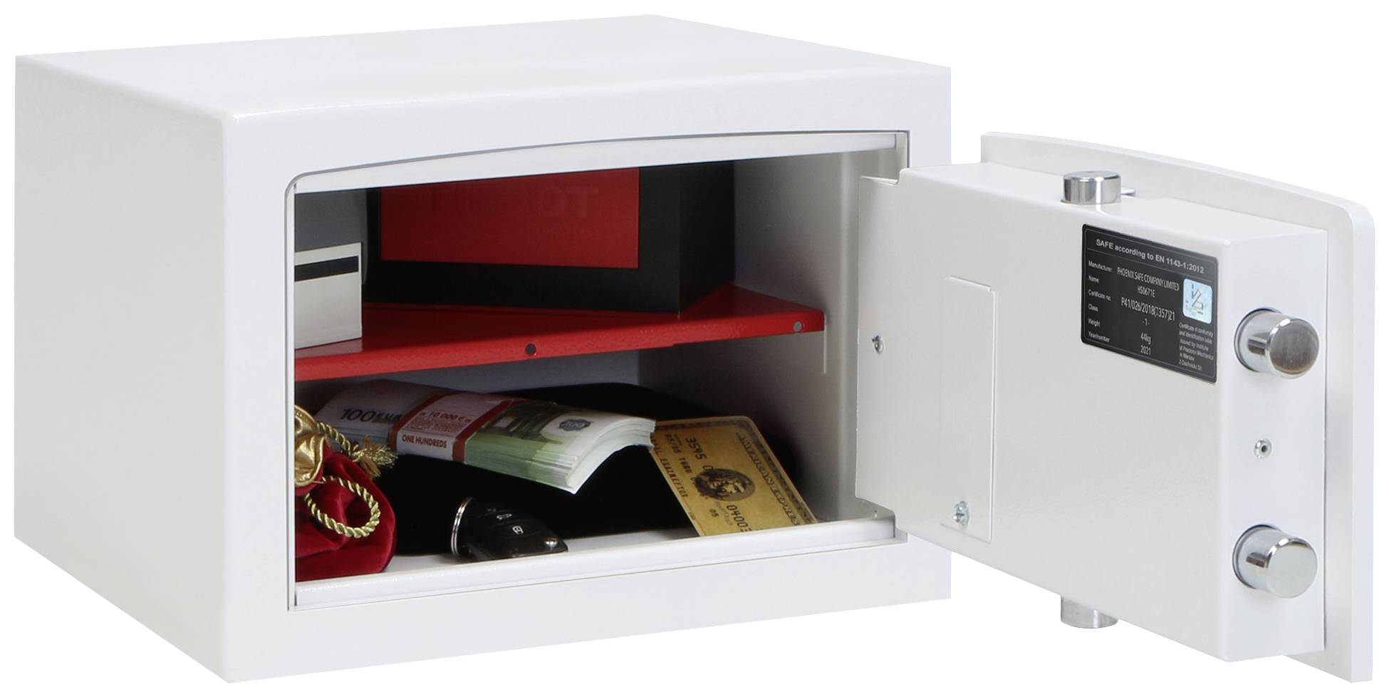 Geöffneter Tresor mit Schmuck, Dokumenten und Bargeld im Inneren.