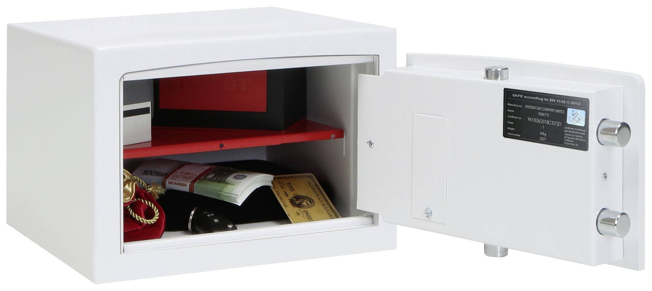 Ein geöffneter Safe zeigt wertvolle Gegenstände wie Schmuck und Dokumente auf einem Regal im Inneren.