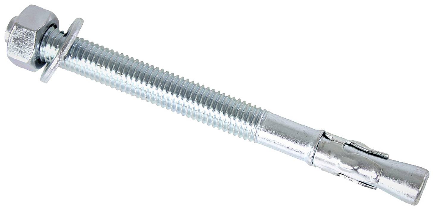Metallischer Bolzenanker mit Sechskantmutter und Unterlegscheibe, geeignet für Schwerlastbefestigungen in Beton oder Mauerwerk.