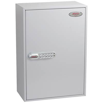 Ein grauer Schlüsselschrank mit elektronischem Zahlenschloss an der Vorderseite.