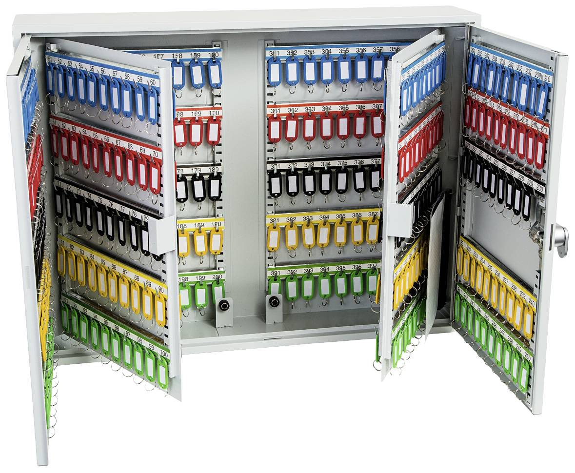 Metallschrank mit offenen Türen, zeigt farbige Schlüsselanhänger in Reihen. Farben: Rot, Blau, Grün, Gelb und Schwarz.