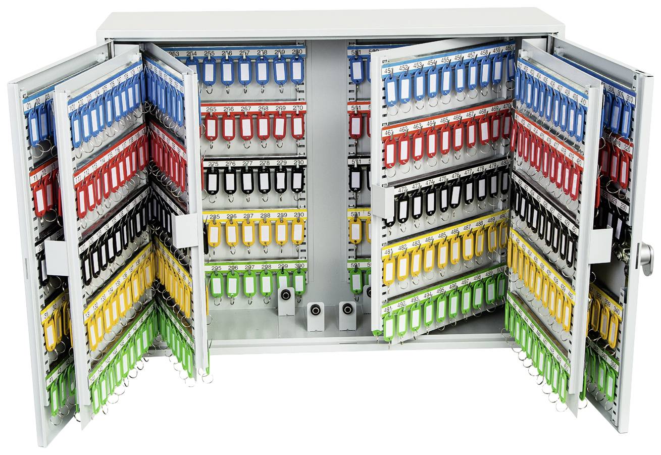 Ein geöffneter Schlüsselschrank mit zahlreichen bunten Schlüsselhaken in fünf Farben, die zur Organisation und leichten Identifikation dienen.