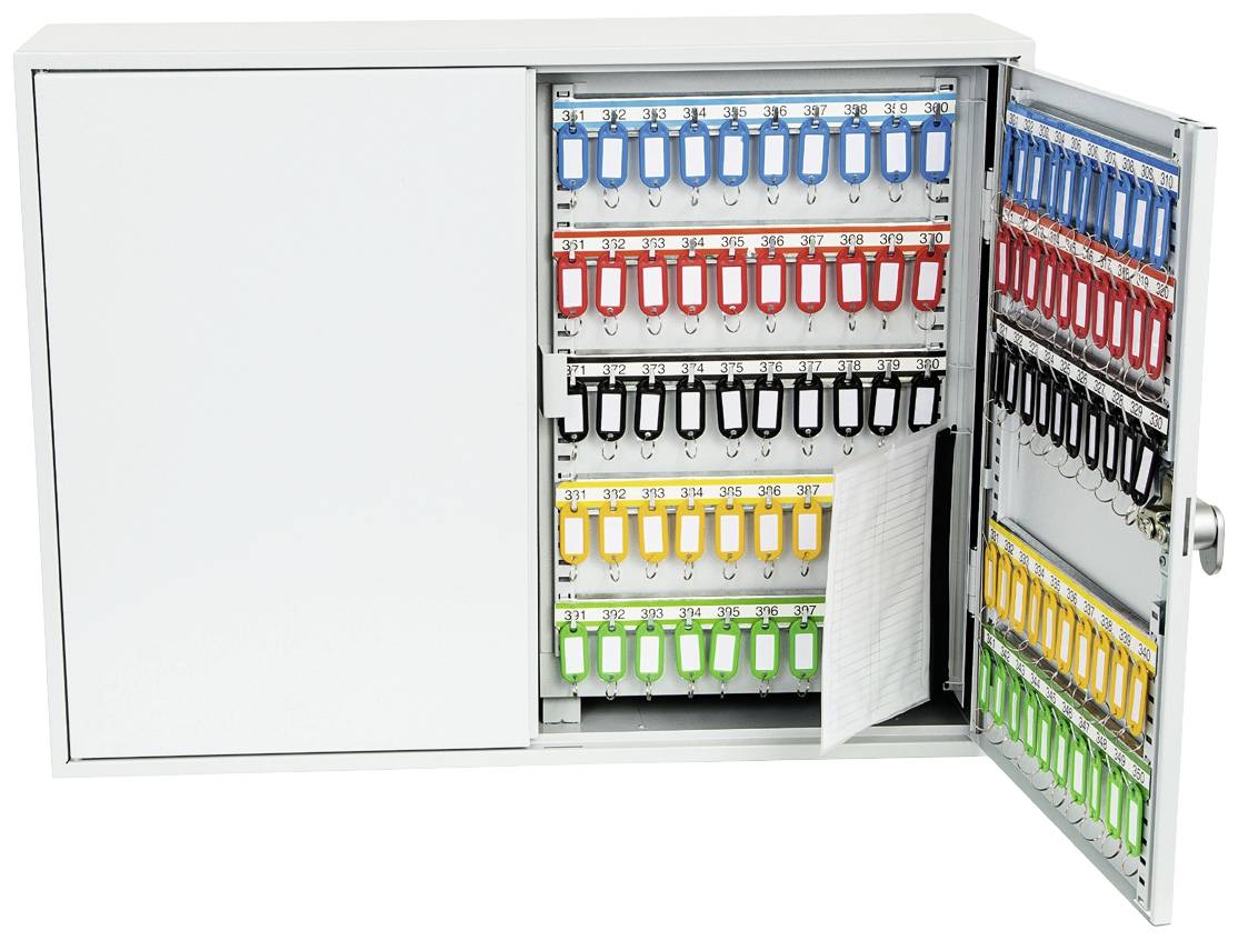 Ein Schlüsselkasten mit geöffnetem Tür. Verschiedene farbige Schlüsselanhänger sind in Reihen aufgehängt: blau, rot, schwarz, gelb, grün.