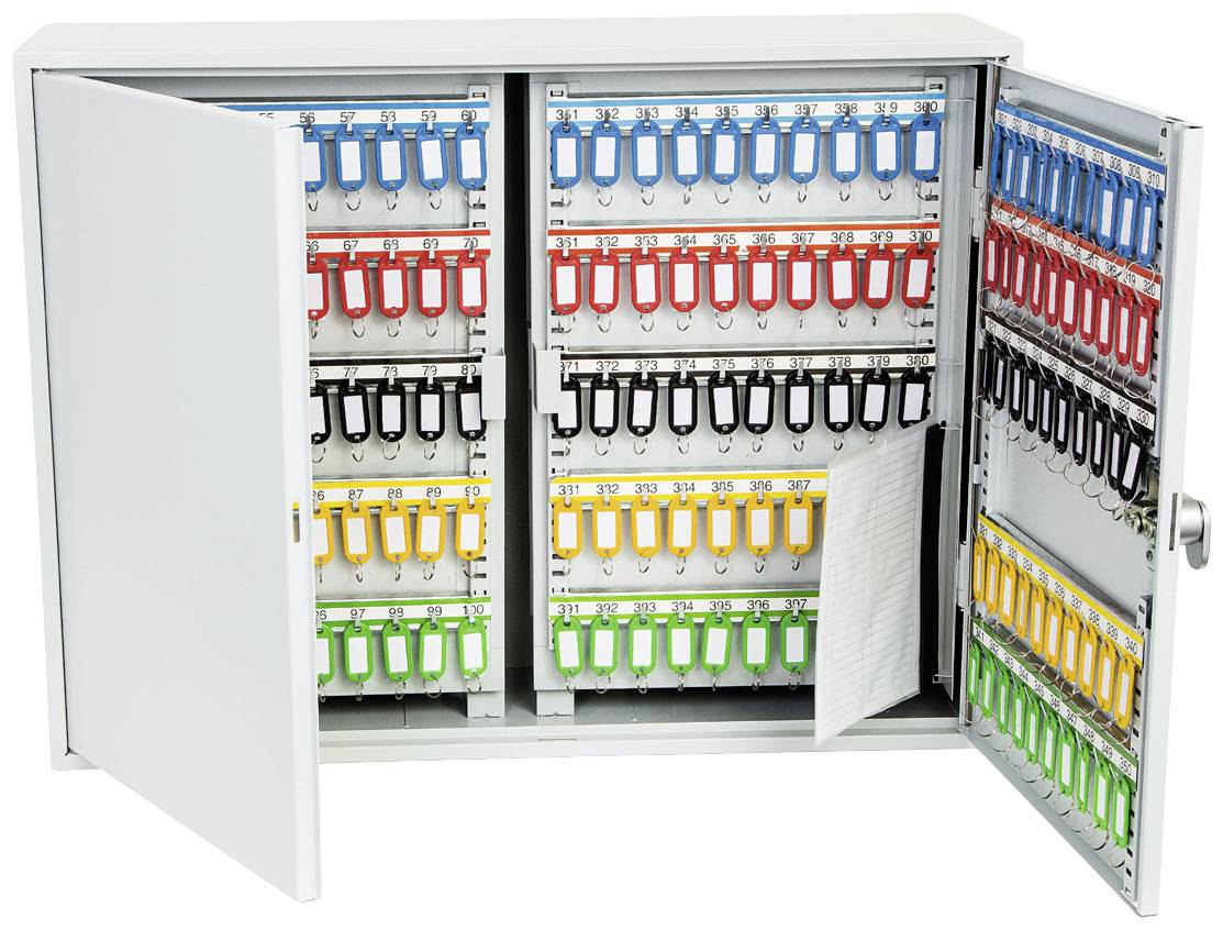 Schlüsselkasten mit 150 farblich sortierten Schlüsseln in roten, blauen, grünen, gelben und schwarzen Anhängern. Einige sind nummeriert.