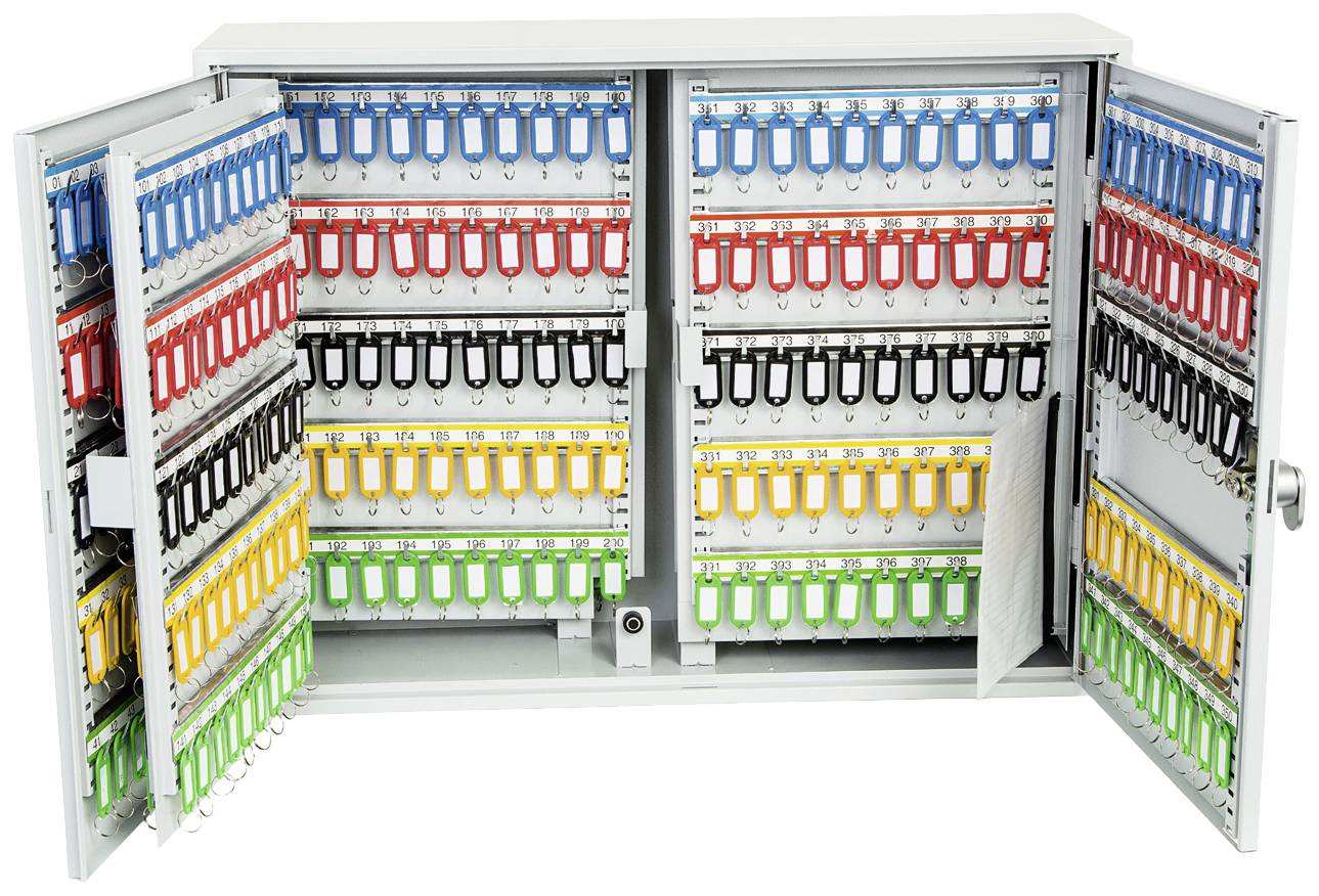 Ein geöffneter Schlüsselschrank mit mehreren Reihen von farbigen Schlüsselanhängern, geordnet in Rot, Blau, Schwarz, Gelb und Grün.