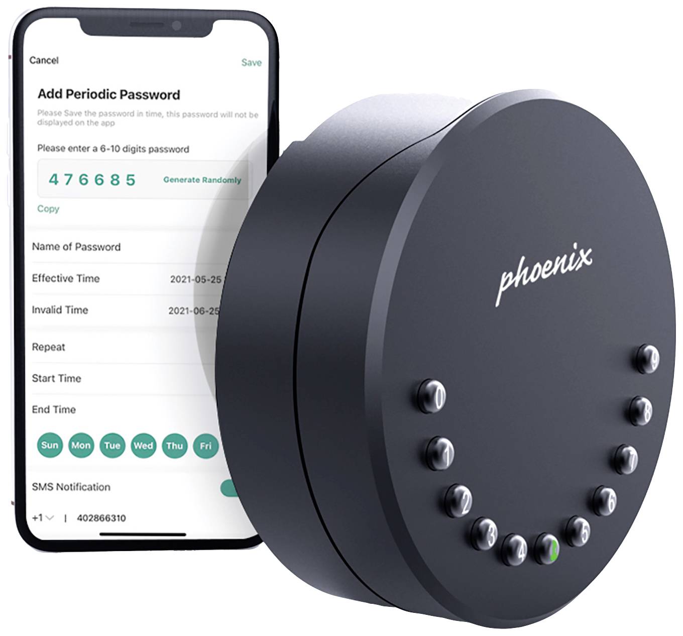 Smartphone zeigt Passwort-Generator-App neben einem runden, schwarzen elektronischen Schloss mit der Aufschrift 'phoenix'.