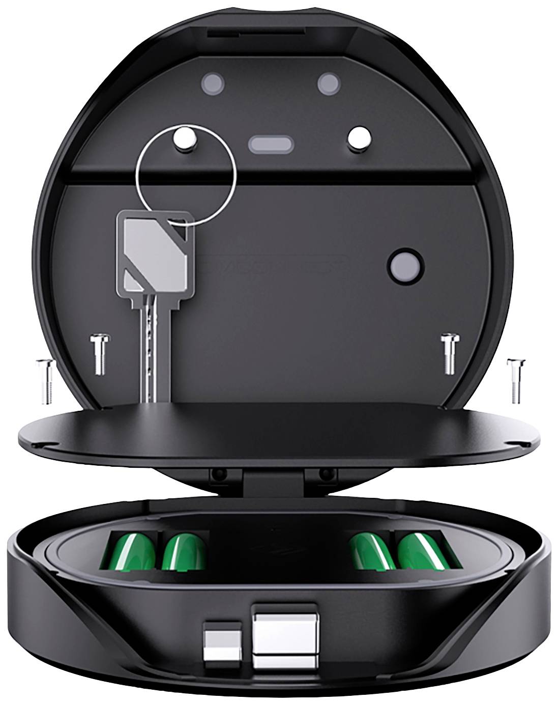 Ein geöffneter, runder Behälter mit zwei grünen Batterien im Inneren. Oberes Fach hat einen Platz für einen Schlüssel.
