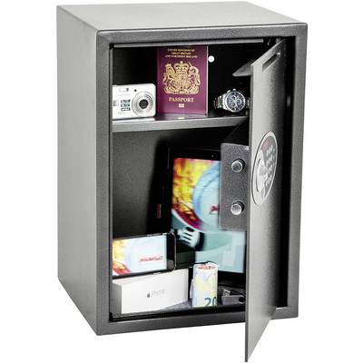 Ein geöffneter Tresor zeigt einen Reisepass, eine Kamera, eine Uhr, ein Tablet, ein Smartphone und Geld.