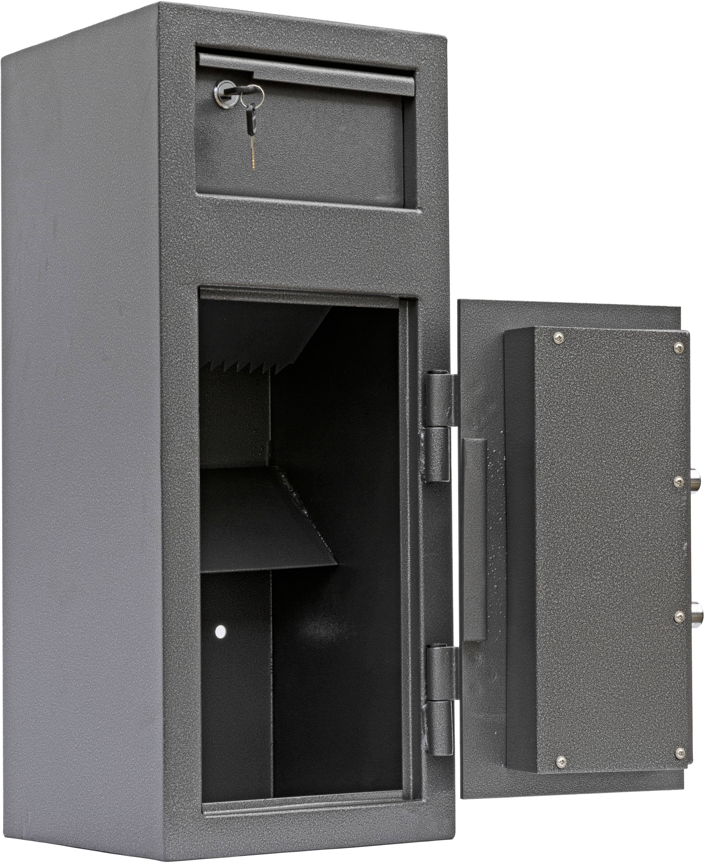 Ein geöffneter schwarzer Tresor mit einem Schlüsselschloss. Der Innenraum ist leer, und der Schlüssel steckt im Schloss.