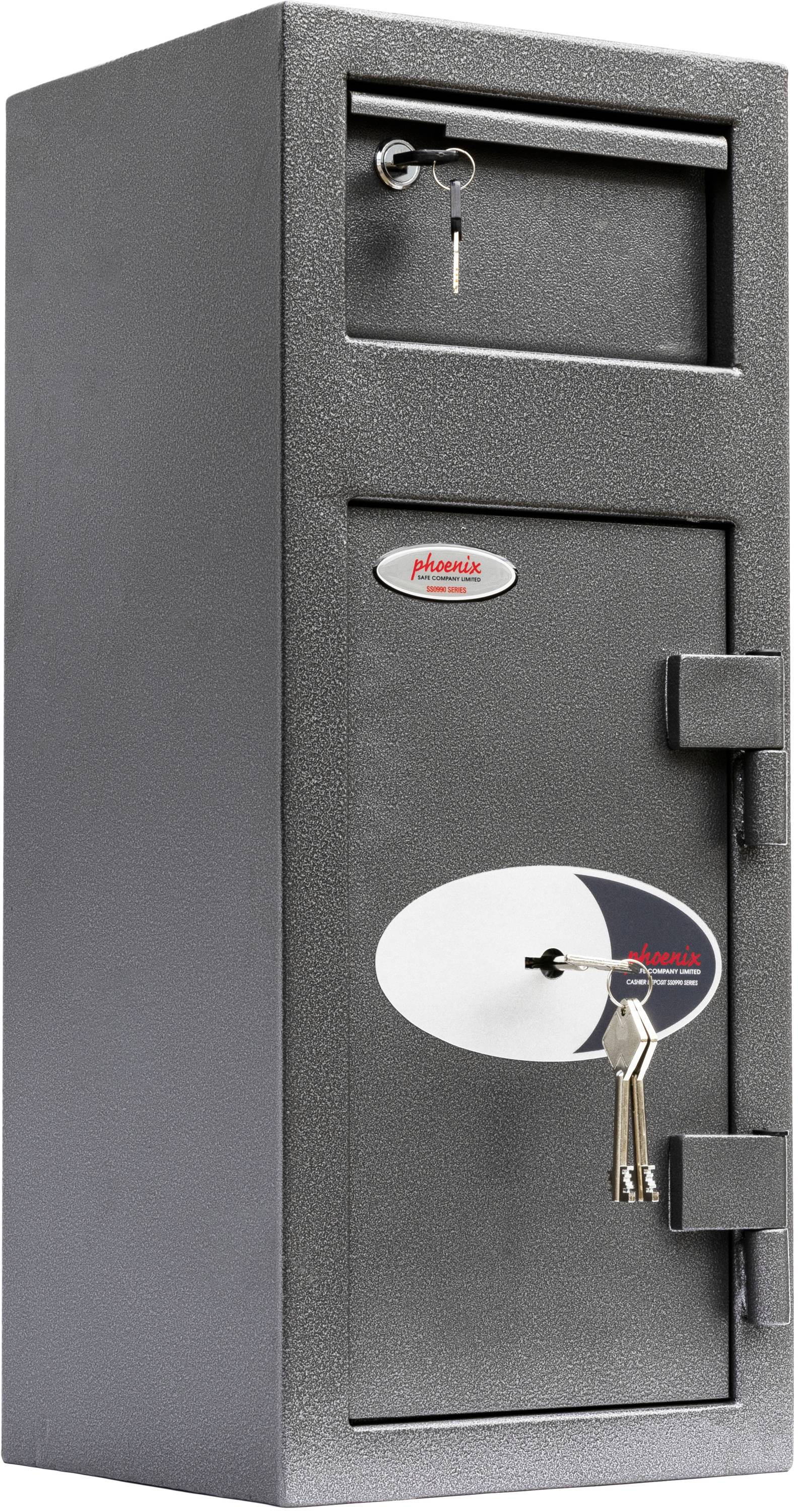 Grauer Stahlschrank mit zwei abschließbaren Fächern, oben ein kleineres Fach für Schlüssel und unten ein größeres Fach zur Aufbewahrung.