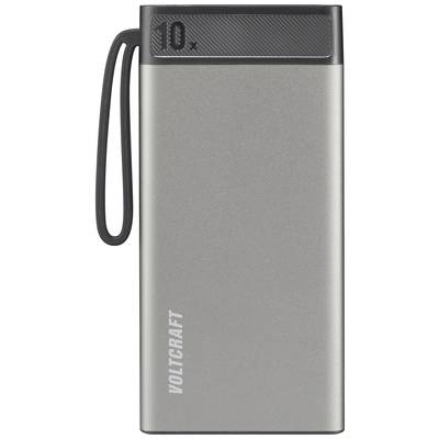 Tragbare Powerbank in silbernem Design mit der Aufschrift 'VOLTCRAFT' auf der Vorderseite und '10x' auf der oberen Kante.