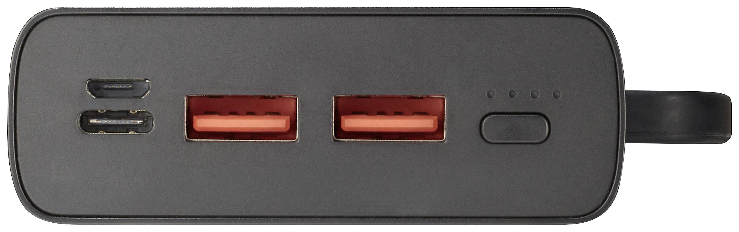 Schwarzes Ladegerät mit zwei USB-A-Ports, einem USB-C-Port und einem Micro-USB-Port. Enthält einen Knopf und Ladeanzeigen.
