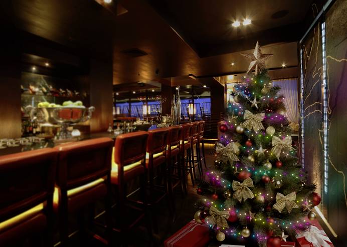 Bar mit aufgestelltem Weihnachtsbaum, der mit einer bunten Lichterkette dekoriert ist.
