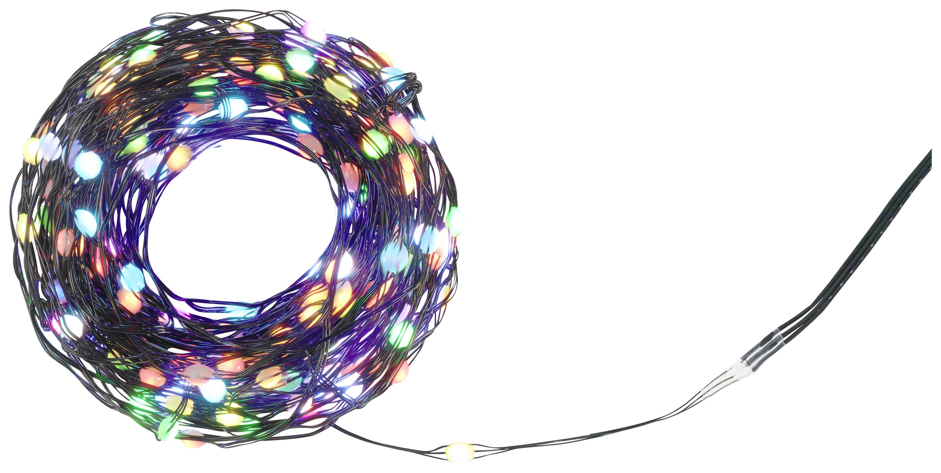 Eine aufgerollte Lichterkette mit bunten, leuchtenden Glühbirnen auf schwarzem Kabel. Sie ist einsatzbereit zum Dekorieren.
