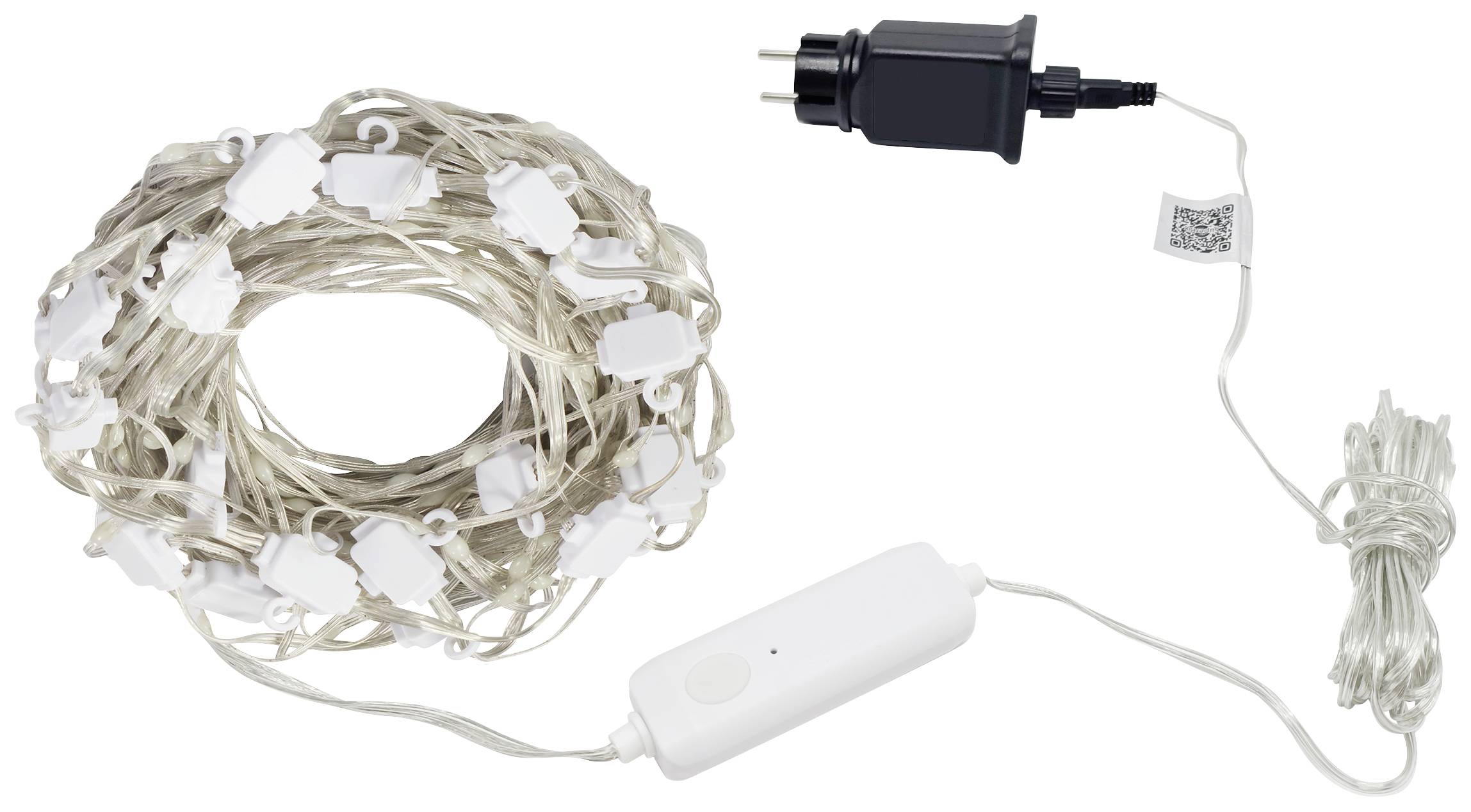 Lichterkette mit Netzstecker und Schalter. Sie ist zusammengewickelt und der Stecker befindet sich am Ende des Kabels.