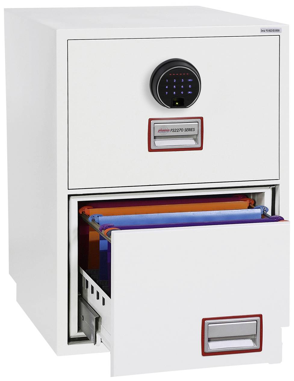 Ein weißer Aktenschrank mit zwei Schubladen, eine davon offen mit bunten Hängemappen. Oben ein elektronisches Schloss.