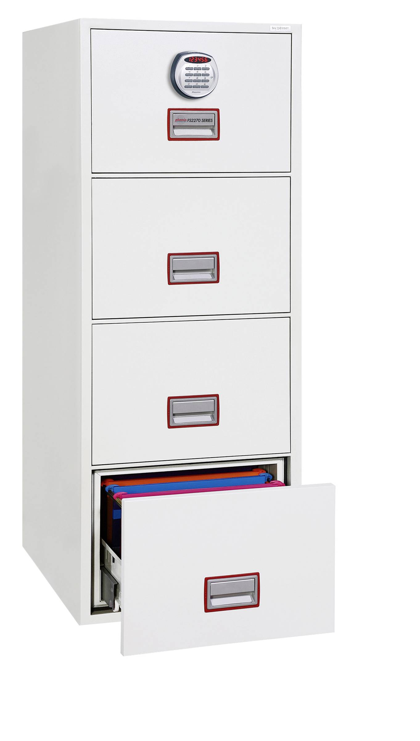 Ein weißer Aktenschrank mit vier Schubladen, wobei die unterste Schublade geöffnet ist und farbige Aktenordner sichtbar sind.