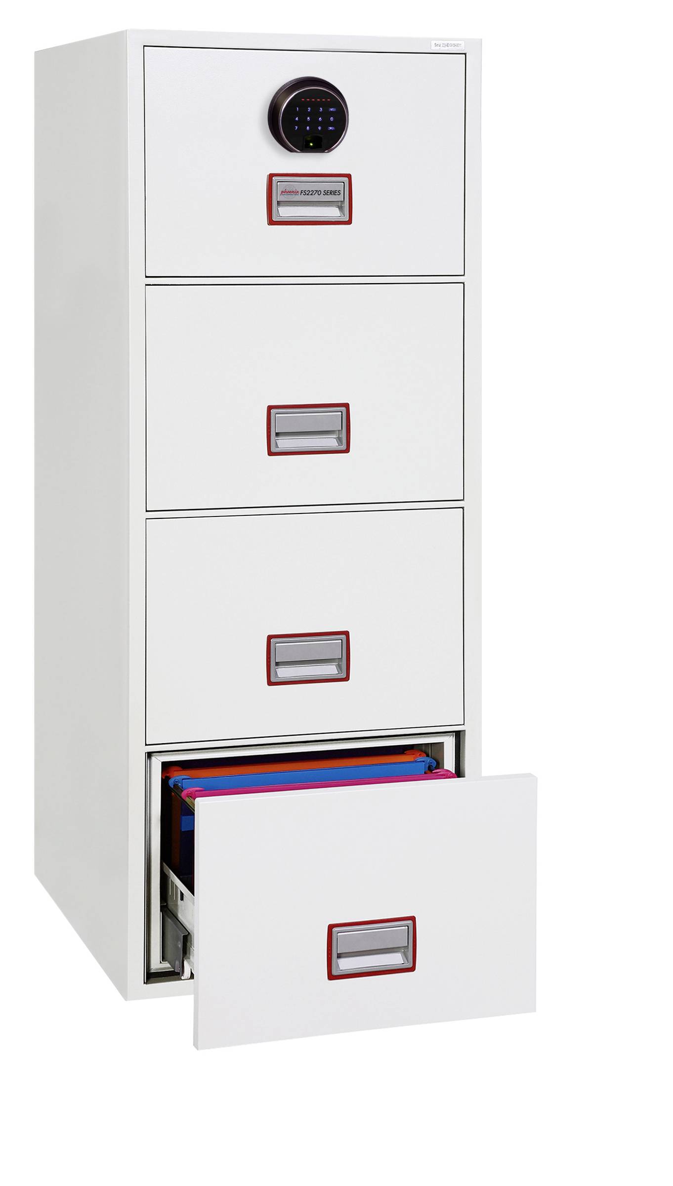 Weißer, vierstöckiger Aktenschrank mit offenem unterem Fach, gefüllt mit farbigen Ordnern. Elektronisches Zahlenschloss oben.