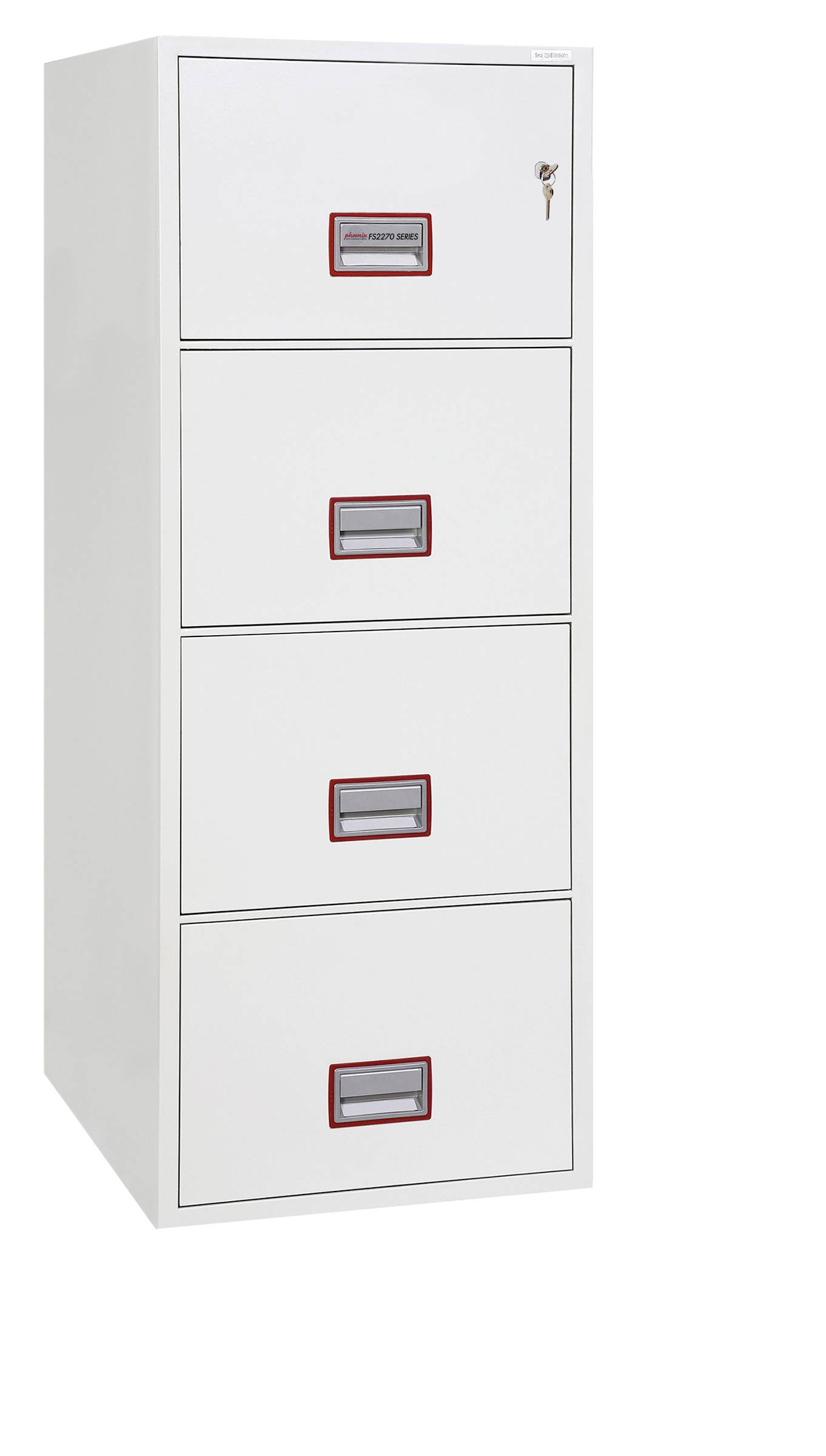 Ein weißer Aktenschrank mit vier Schubladen, jede mit einem roten Rahmengriffschild. Die oberste Schublade ist abgeschlossen.