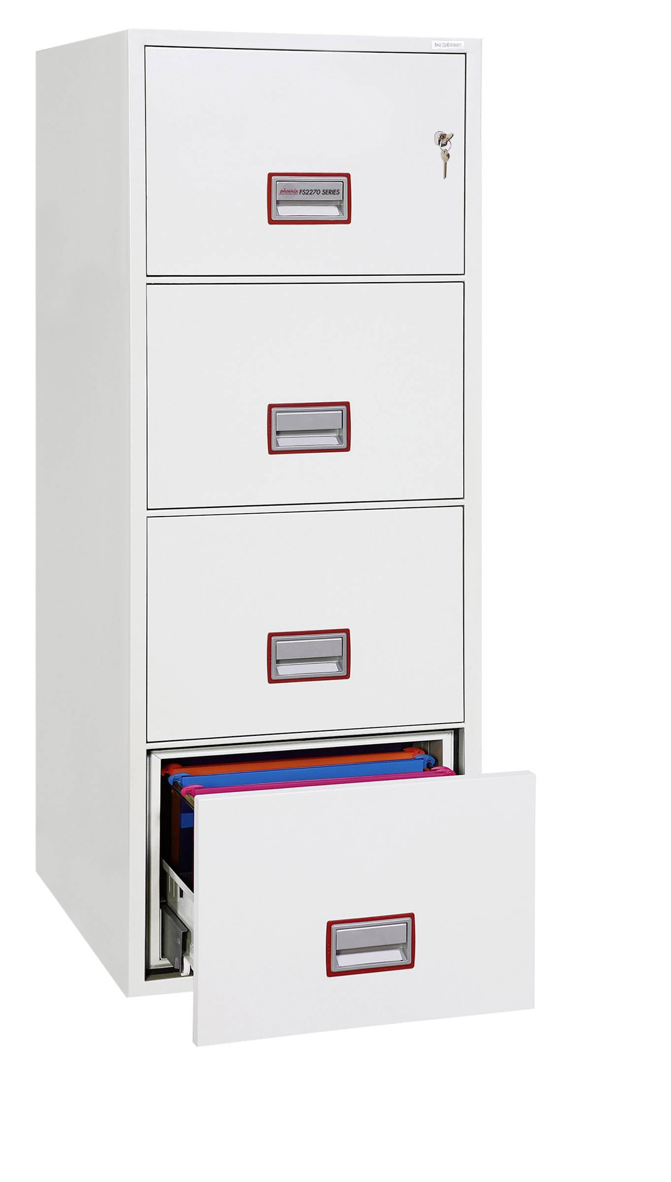 Ein weißer Aktenschrank mit vier Schubladen, von denen eine geöffnet ist und farbige Hängemappen zeigt.