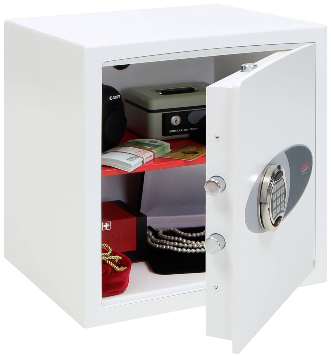 Ein geöffneter Tresor mit Schmuck, Bargeld, einer Kamera und einer kleinen Box innen. Der Tresor hat ein elektronisches Zahlenschloss.