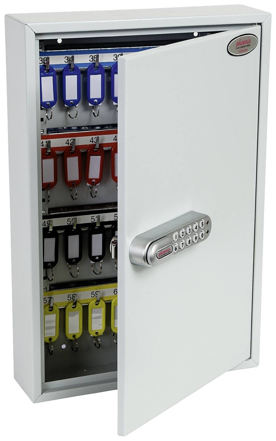 Ein geöffneter Schlüsselschrank mit digitalem Zahlenschloss. Innen befinden sich beschriftete Schlüsselanhänger in verschiedenen Farben.