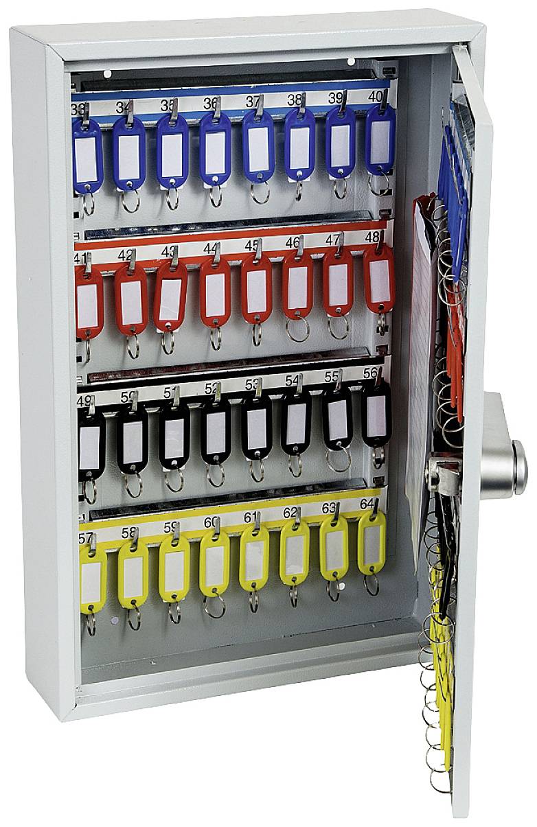 Metallschrank mit offener Tür, darin hängen farbige Schlüsselanhänger sortiert in Reihen, nummeriert von 1 bis 60.