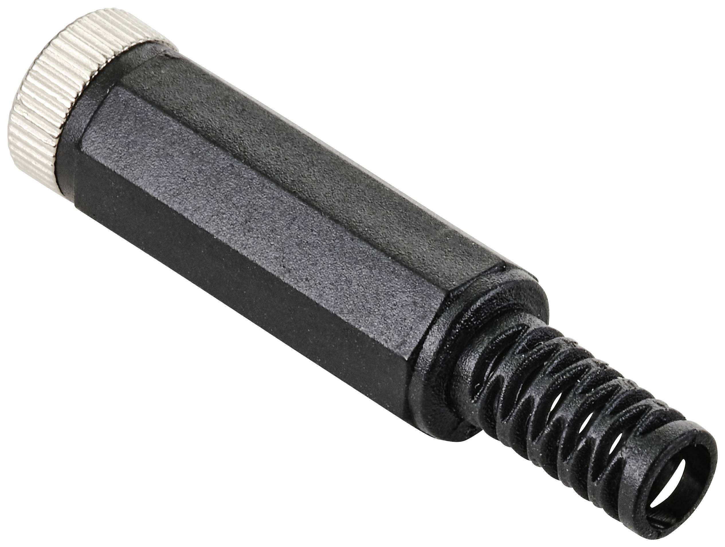 Schwarzer Steckeradapter mit geriffeltem silbernem Ring und spiralförmigem Kabelschutz.