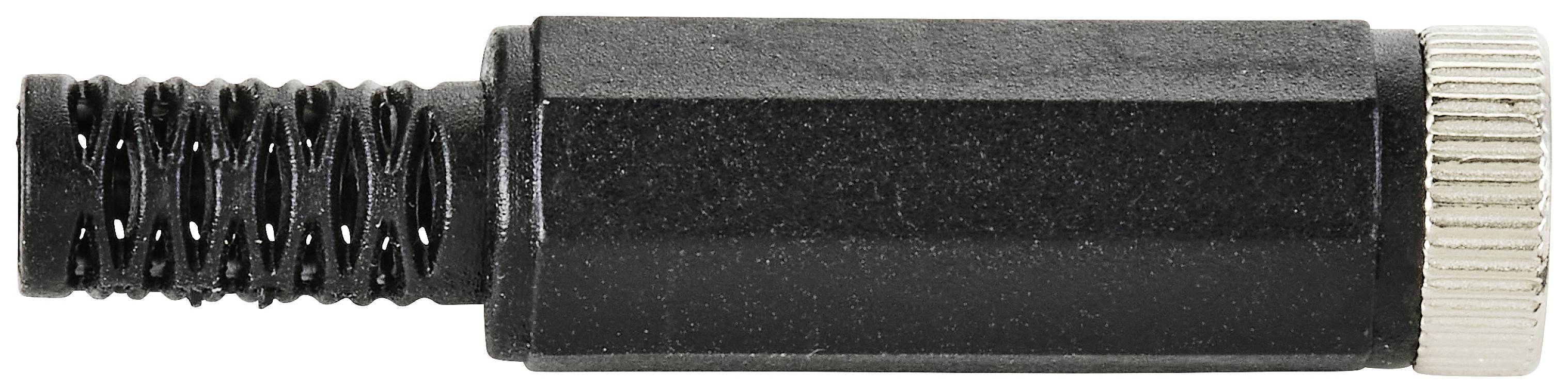 Ein schwarzer, länglicher Adapter mit einer Spiralfeder und einem silbernen Schraubanschluss an einem Ende.