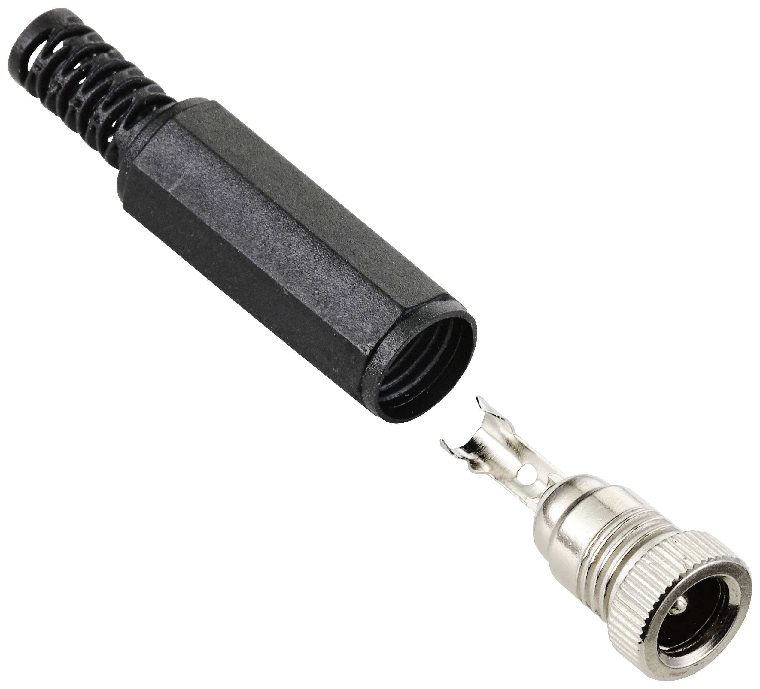 'Ein offener BNC-Stecker in zwei Teilen: ein schwarzes Gehäuse und ein silberner Anschluss.'