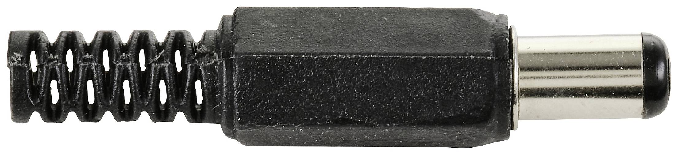 Nahaufnahme eines schwarzen DC-Steckers mit Spiralfeder und Metallspitze, verwendet für die Stromversorgung elektronischer Geräte.