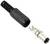 Ein 3,5-mm-Klinkenstecker mit schwarzem Kunststoffgehäuse, neben einer Metallbuchse liegend.