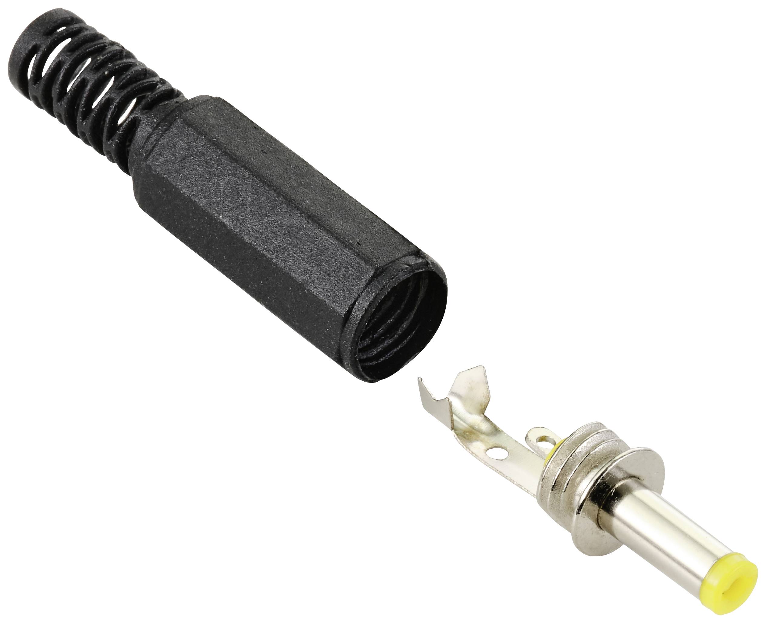 Zweiteiliger DC-Stecker: Plastikgehäuse und Metallkontakt getrennt dargestellt, zur Verwendung in elektronischen Verbindungen.