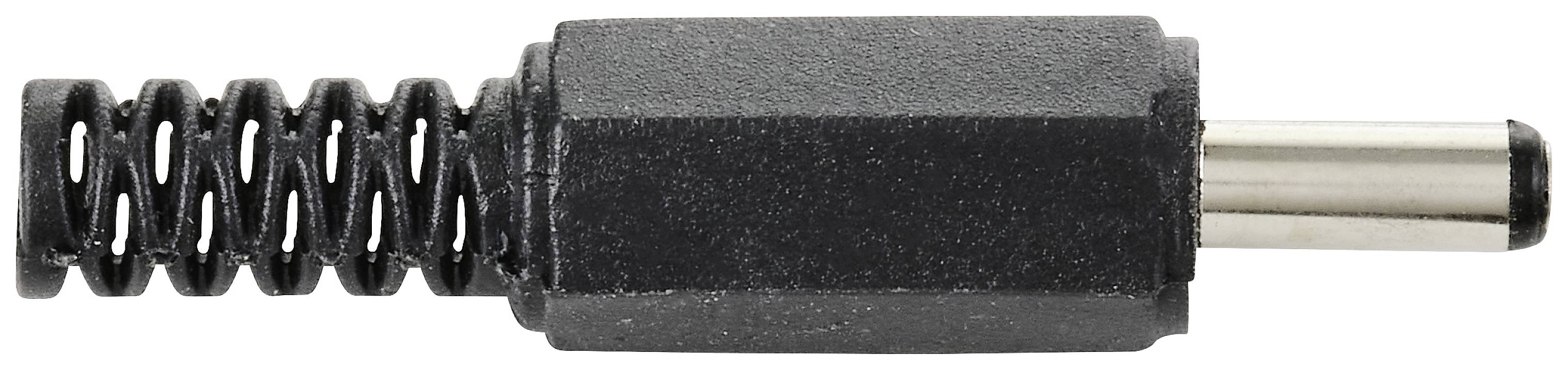 Ein schwarzer DC-Stecker mit Metallspitze und Spiralfederverstärkung am Kabelende, häufig für elektronische Geräte verwendet.