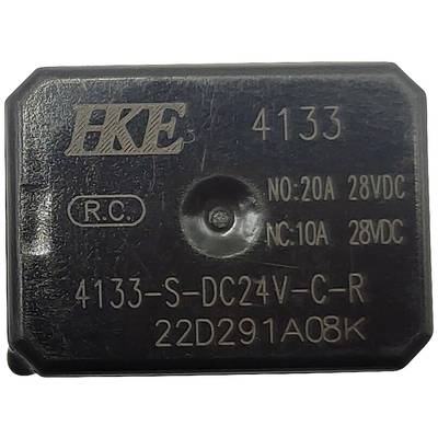 Rechteckiges, schwarzes Relais mit Aufschrift 'HKE 4133 NO:20A 28VDC NC:10A 28VDC 4133-S-DC24V-C-R 22D291A08K'.