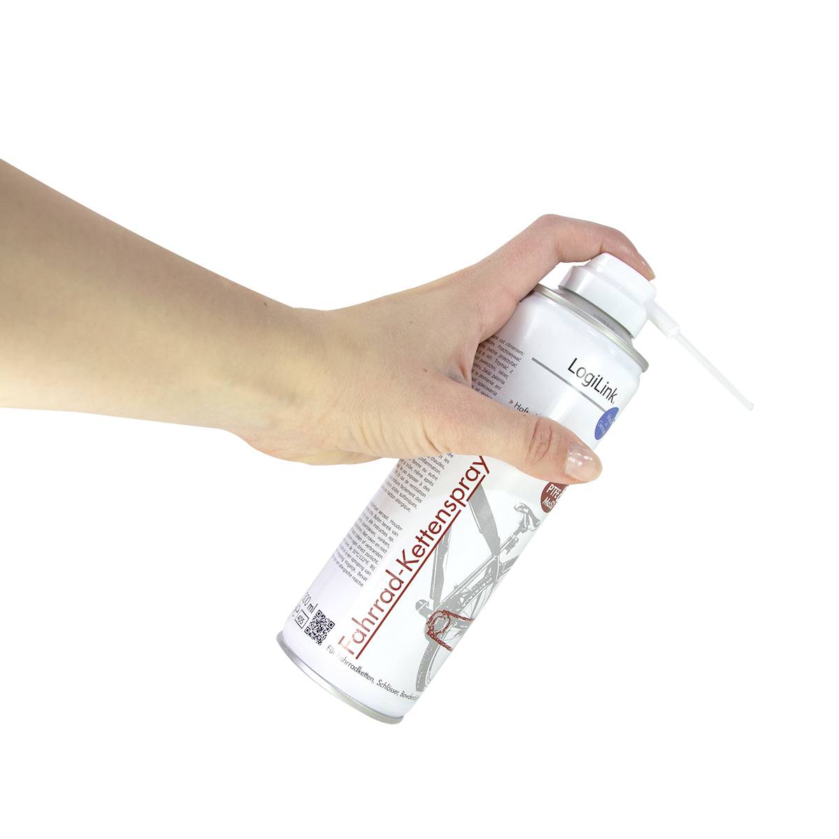 Hand hält eine Sprühdose mit der Aufschrift 'Druckluft-Reiniger-Spray', geeignet zur Reinigung von Tastaturen und Elektronik.