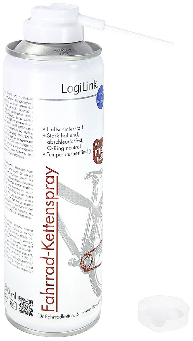 Spraydose mit Fahrrad-Kettenspray, 200 ml. Geeignet zur Schmierung von Fahrradketten. Neben der Dose liegt ein abnehmbarer Sprühkopf.